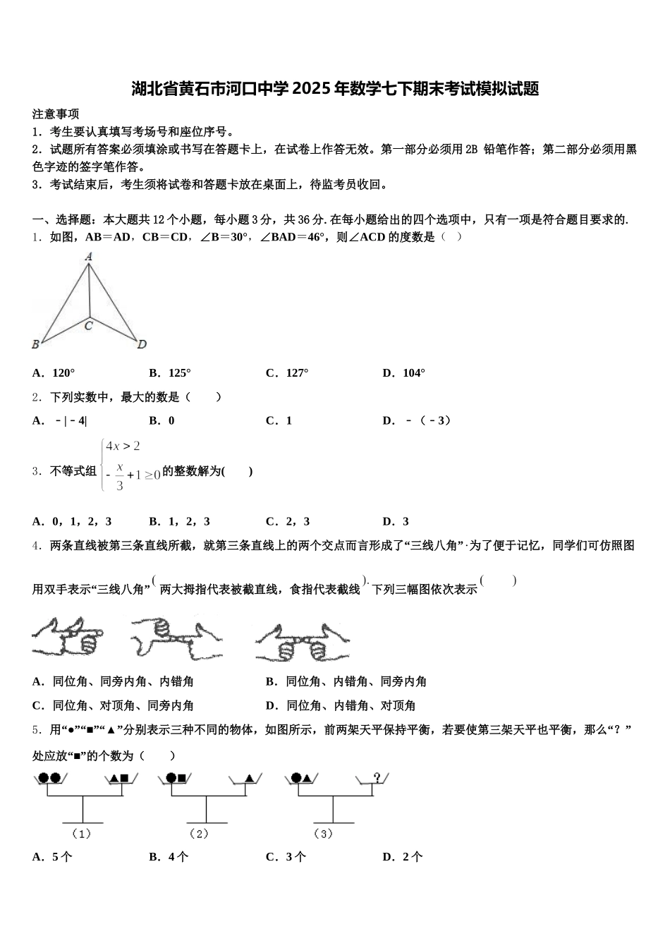 湖北省黄石市河口中学2025年数学七下期末考试模拟试题含解析_第1页