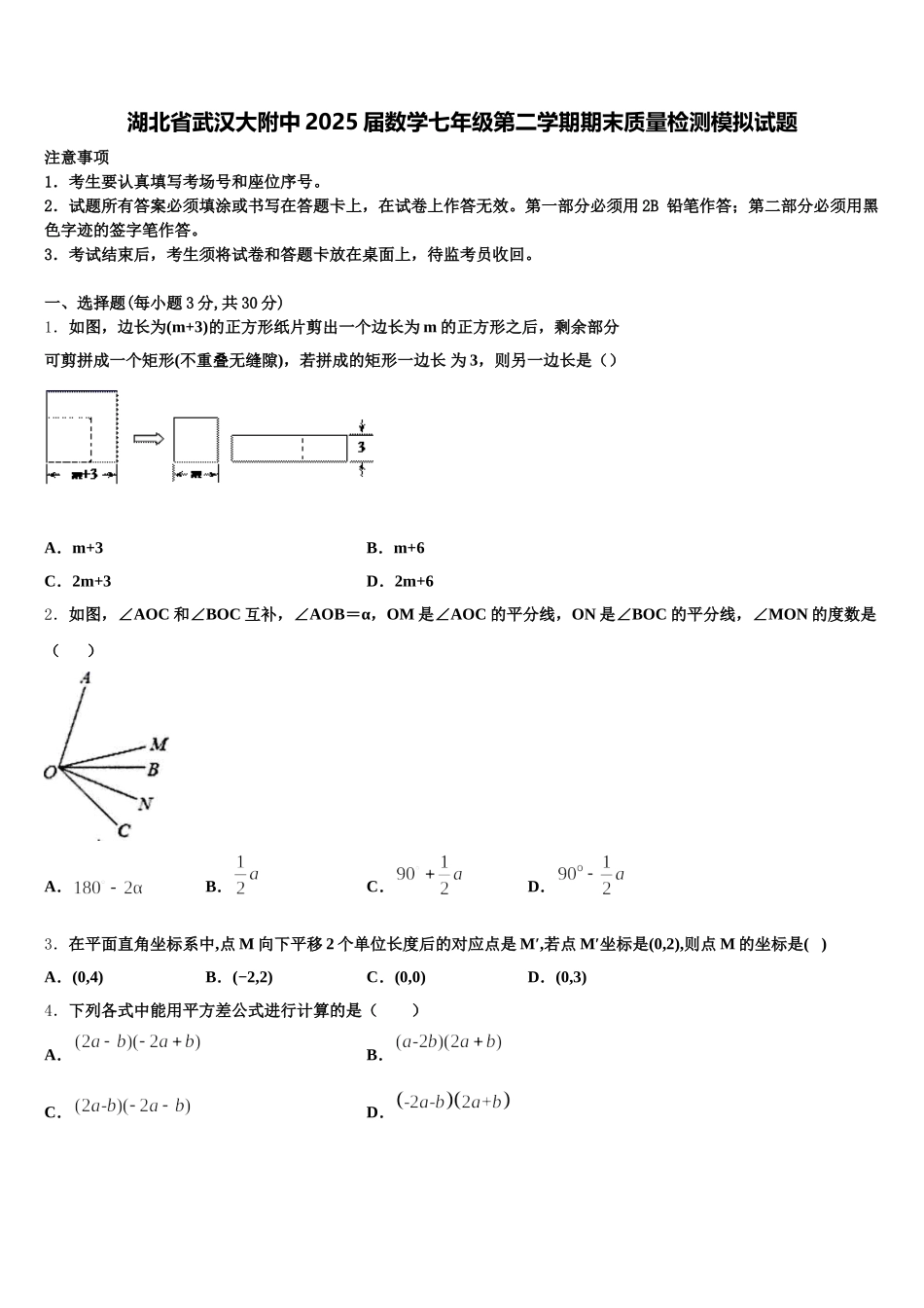 湖北省武汉大附中2025届数学七年级第二学期期末质量检测模拟试题含解析_第1页