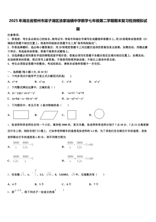 2025年湖北省鄂州市梁子湖区涂家垴镇中学数学七年级第二学期期末复习检测模拟试题含解析