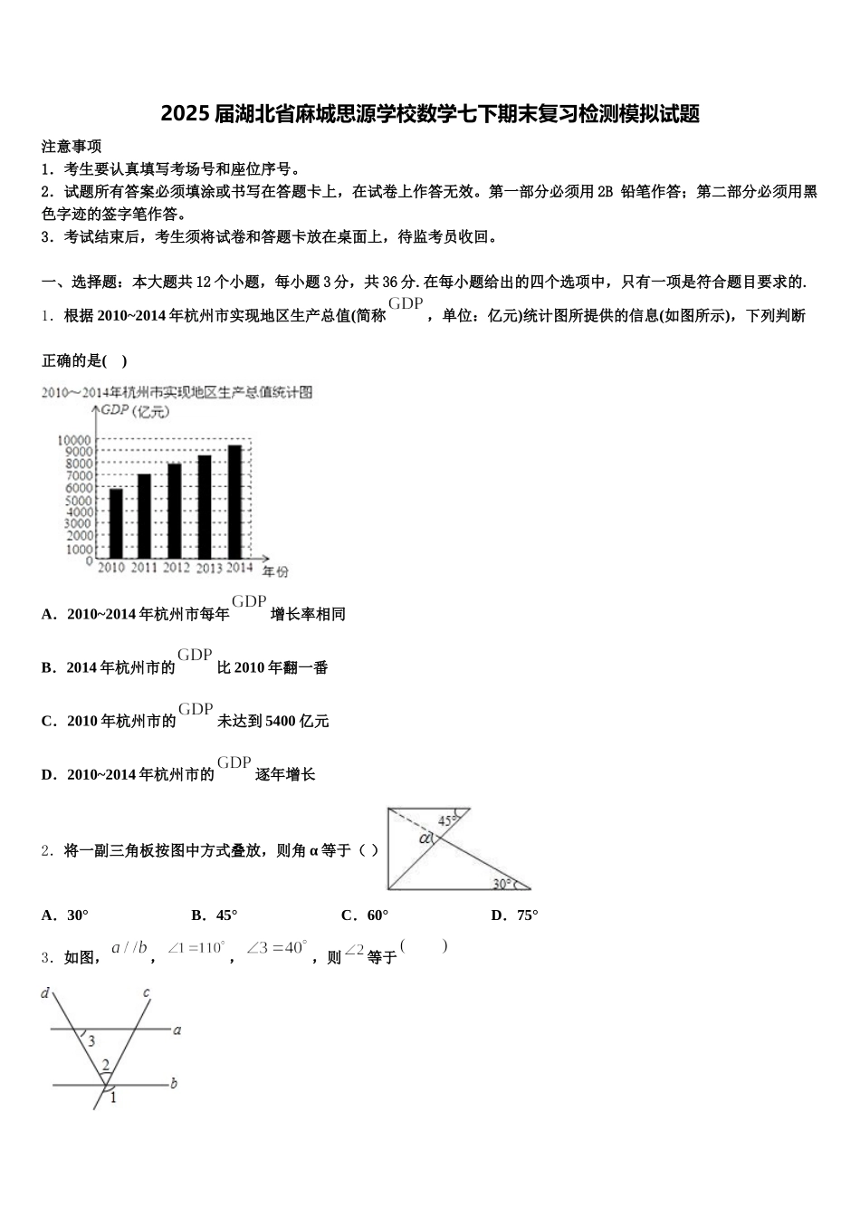 2025届湖北省麻城思源学校数学七下期末复习检测模拟试题含解析_第1页