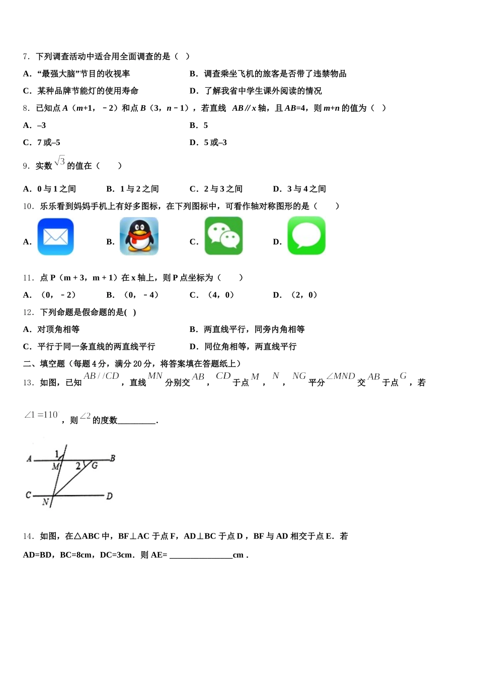 湖北省黄石市黄石港区第八中学2025年数学七年级第二学期期末学业水平测试模拟试题含解析_第2页