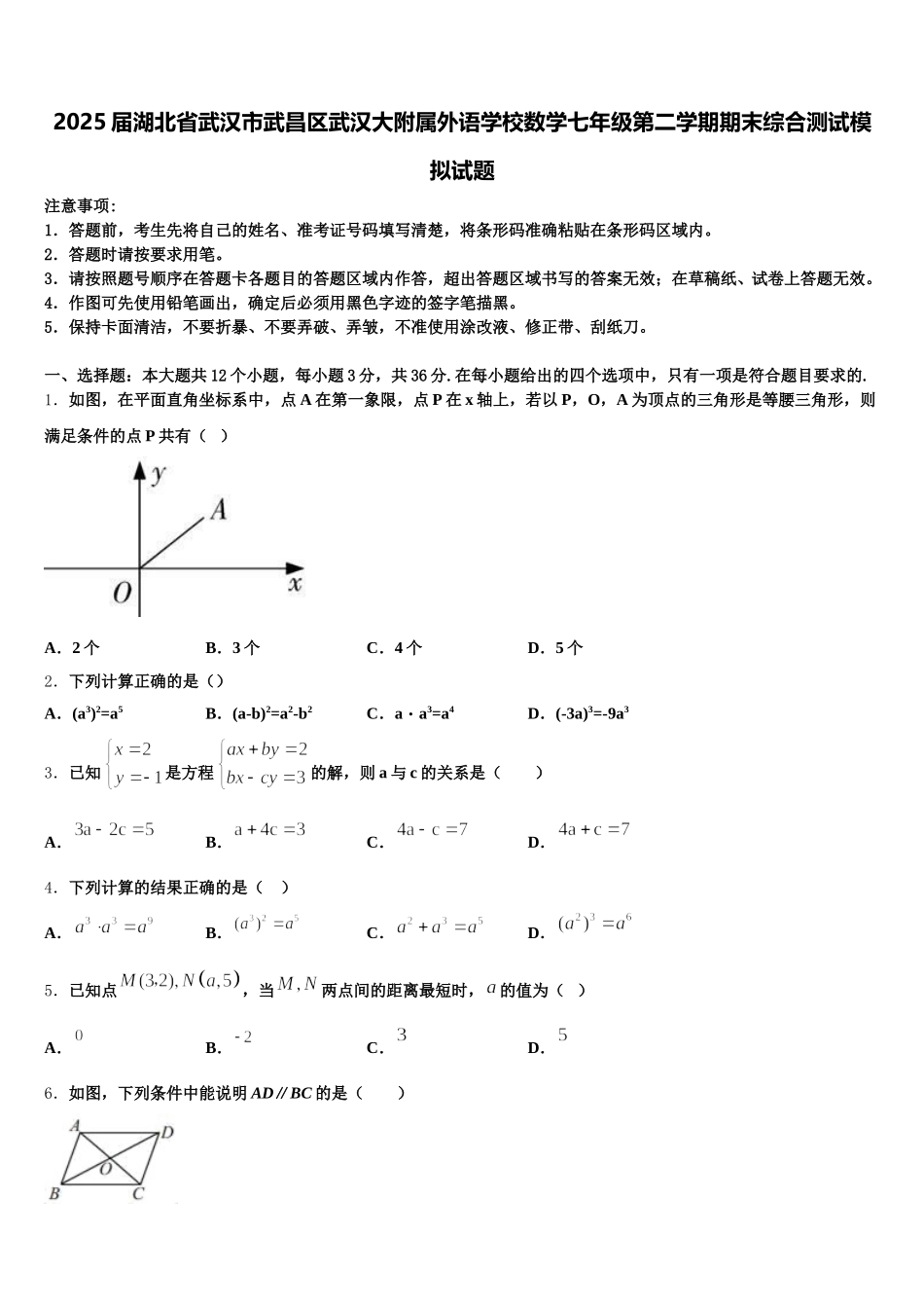 2025届湖北省武汉市武昌区武汉大附属外语学校数学七年级第二学期期末综合测试模拟试题含解析_第1页