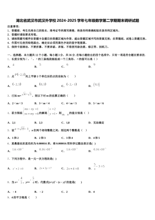 湖北省武汉市武汉外学校2024-2025学年七年级数学第二学期期末调研试题含解析