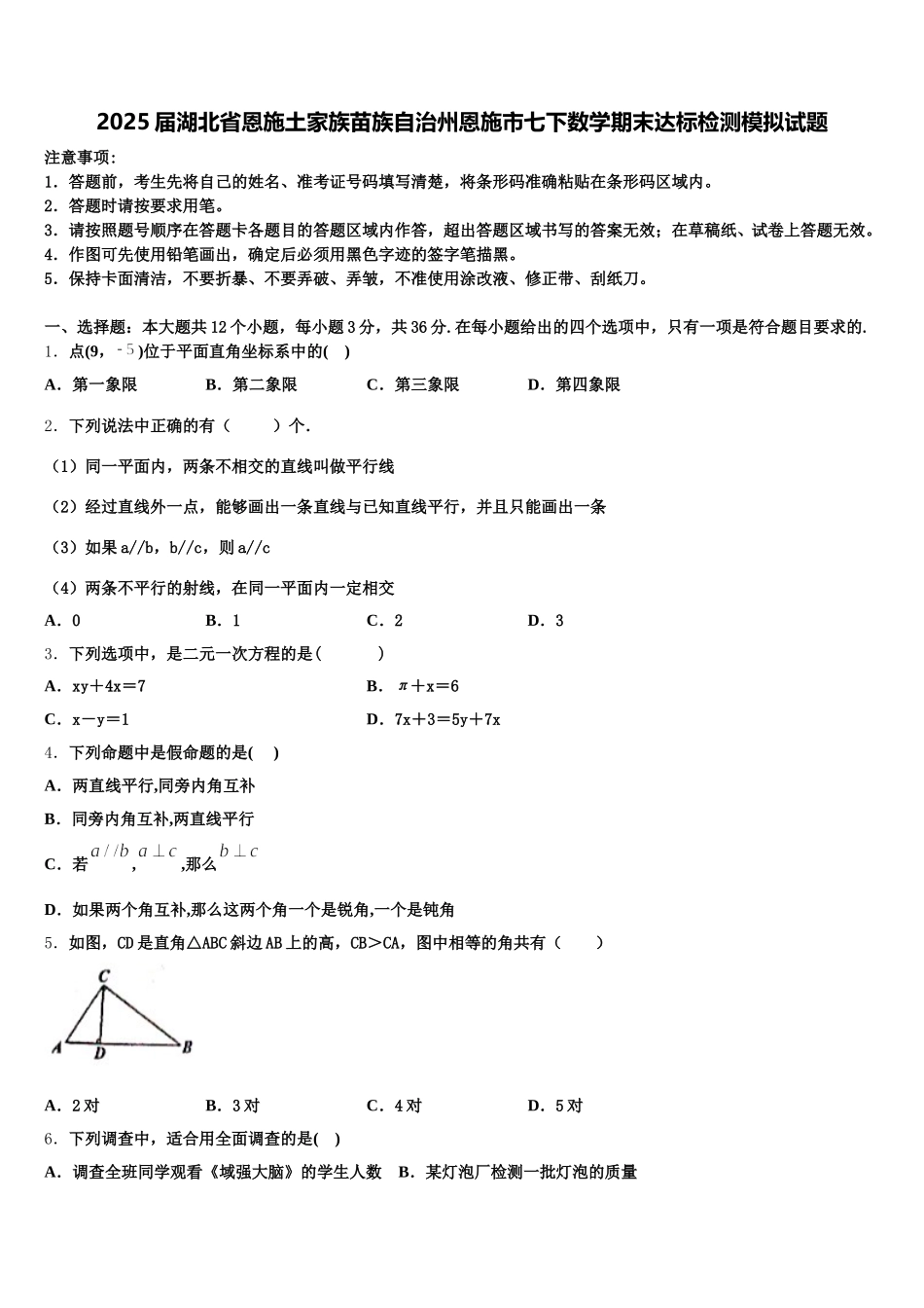 2025届湖北省恩施土家族苗族自治州恩施市七下数学期末达标检测模拟试题含解析_第1页
