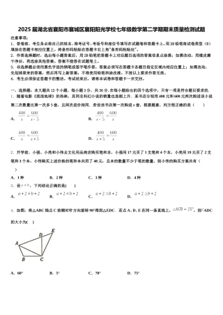 2025届湖北省襄阳市襄城区襄阳阳光学校七年级数学第二学期期末质量检测试题含解析