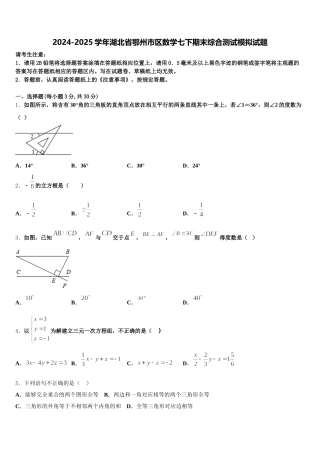 2024-2025学年湖北省鄂州市区数学七下期末综合测试模拟试题含解析
