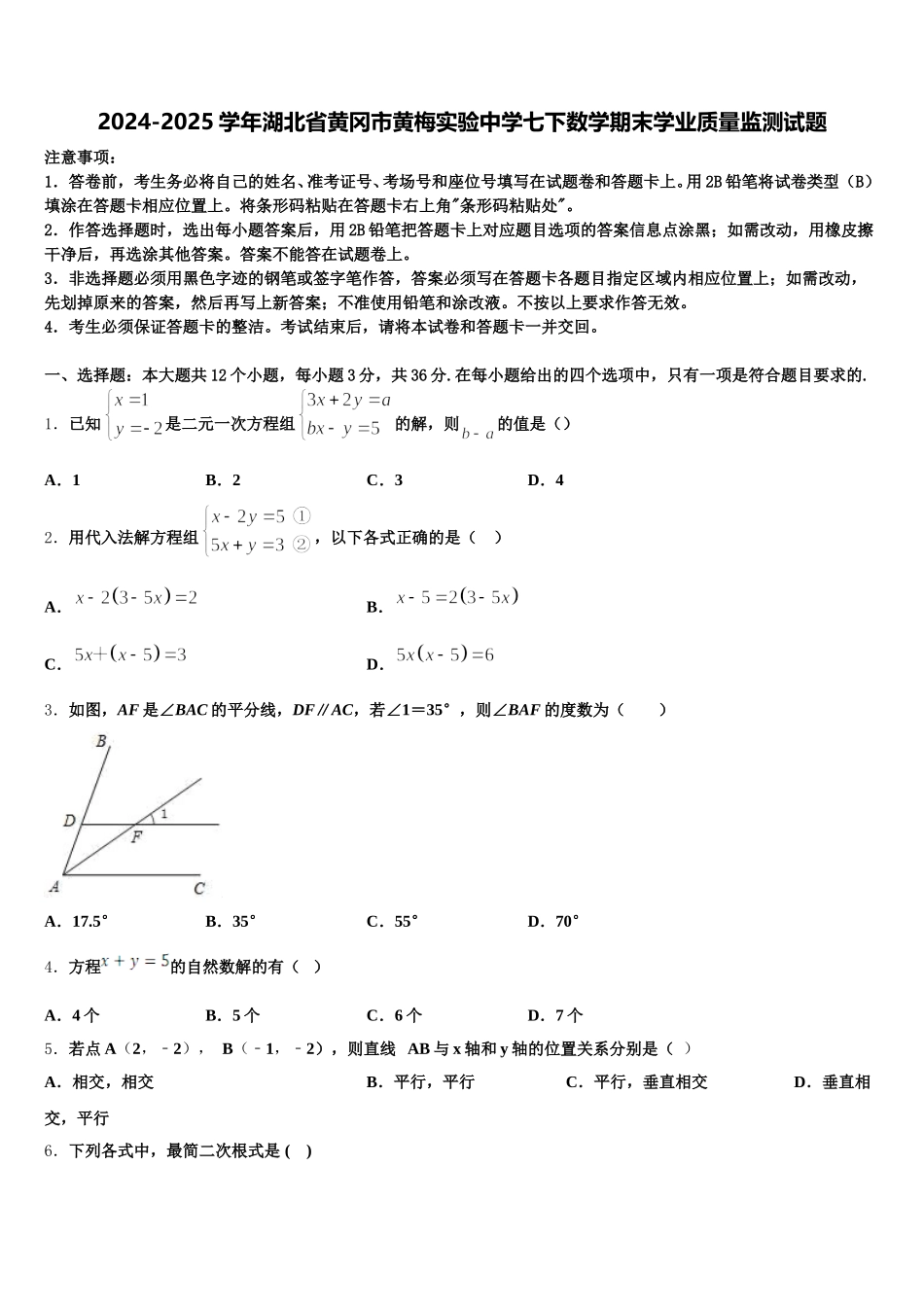 2024-2025学年湖北省黄冈市黄梅实验中学七下数学期末学业质量监测试题含解析_第1页