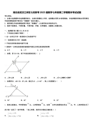 湖北省武汉江岸区七校联考2025届数学七年级第二学期期末考试试题含解析