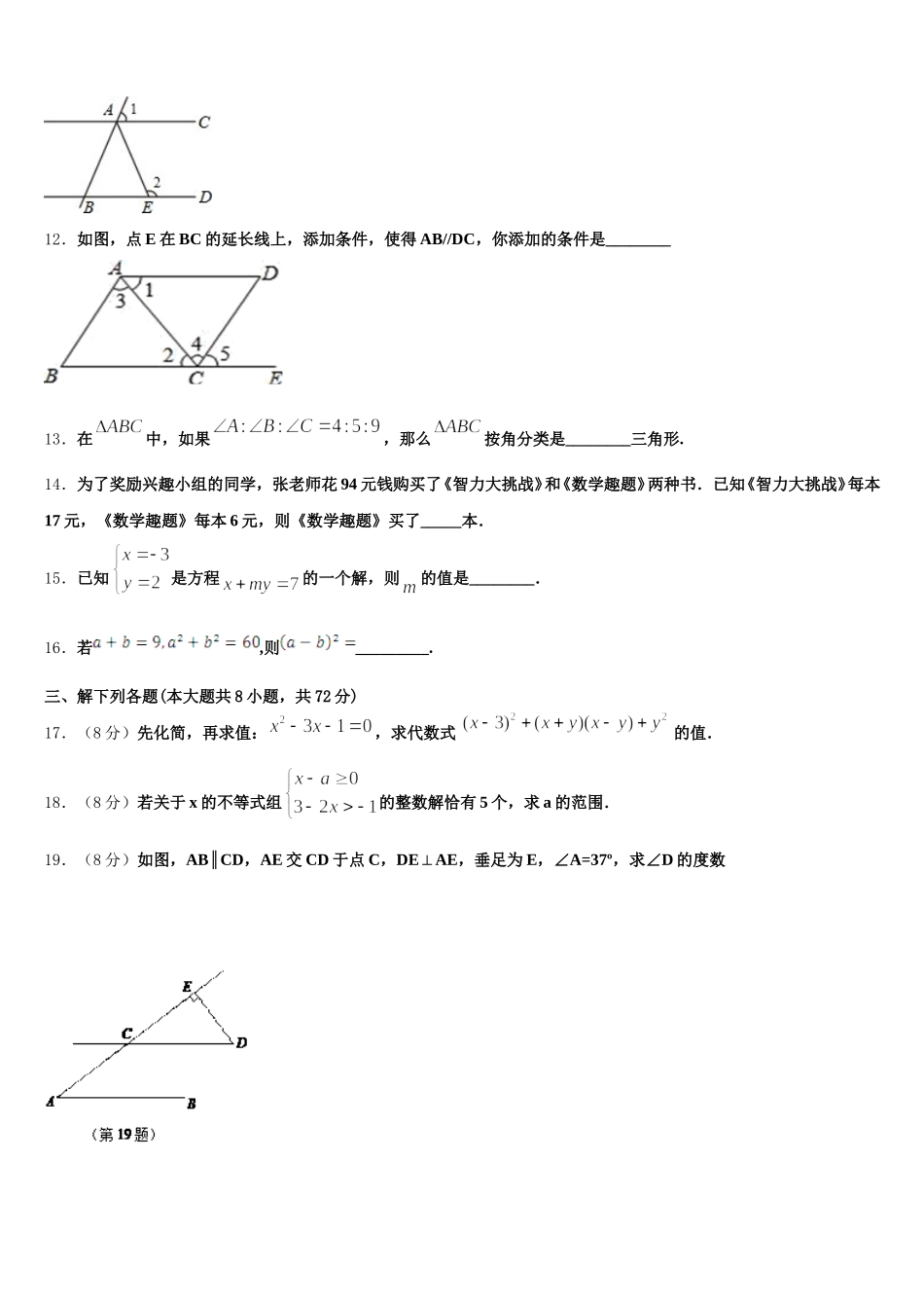 湖北省华中学师大附中2024-2025学年数学七年级第二学期期末教学质量检测模拟试题含解析_第3页