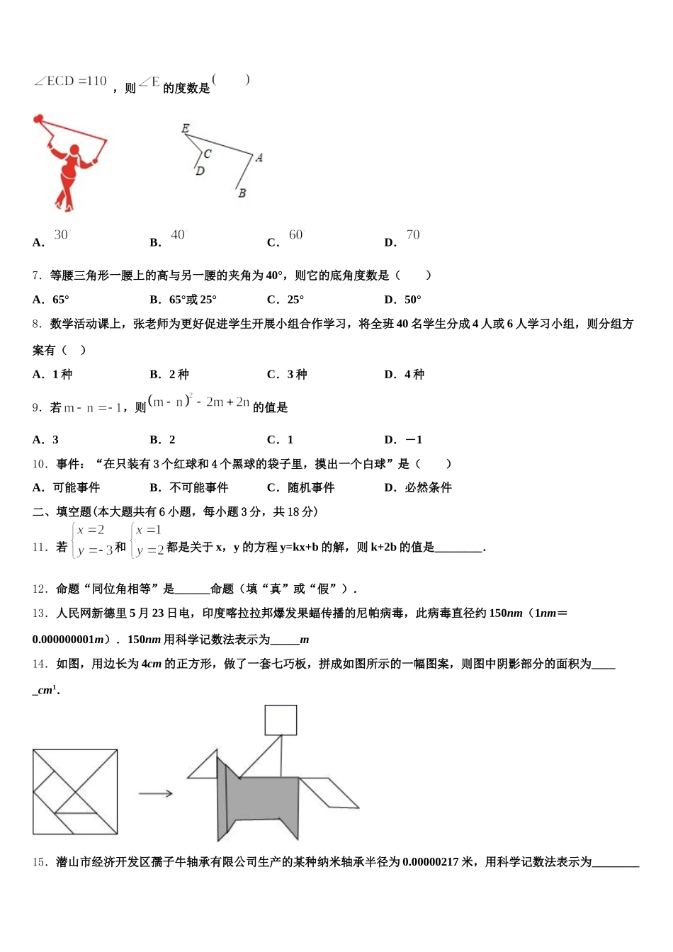湖北省随州市广水市西北协作区2025届数学七下期末教学质量检测模拟试题含解析_第2页