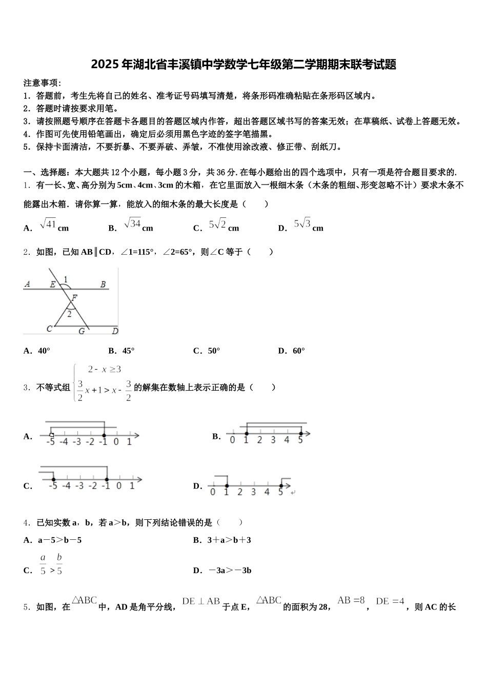 2025年湖北省丰溪镇中学数学七年级第二学期期末联考试题含解析_第1页