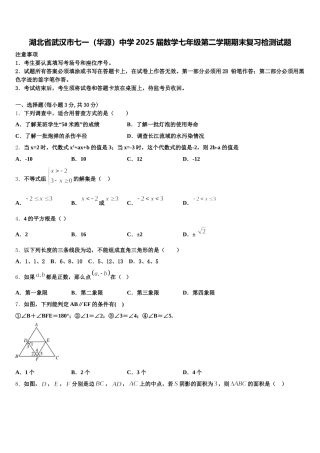 湖北省武汉市七一（华源）中学2025届数学七年级第二学期期末复习检测试题含解析