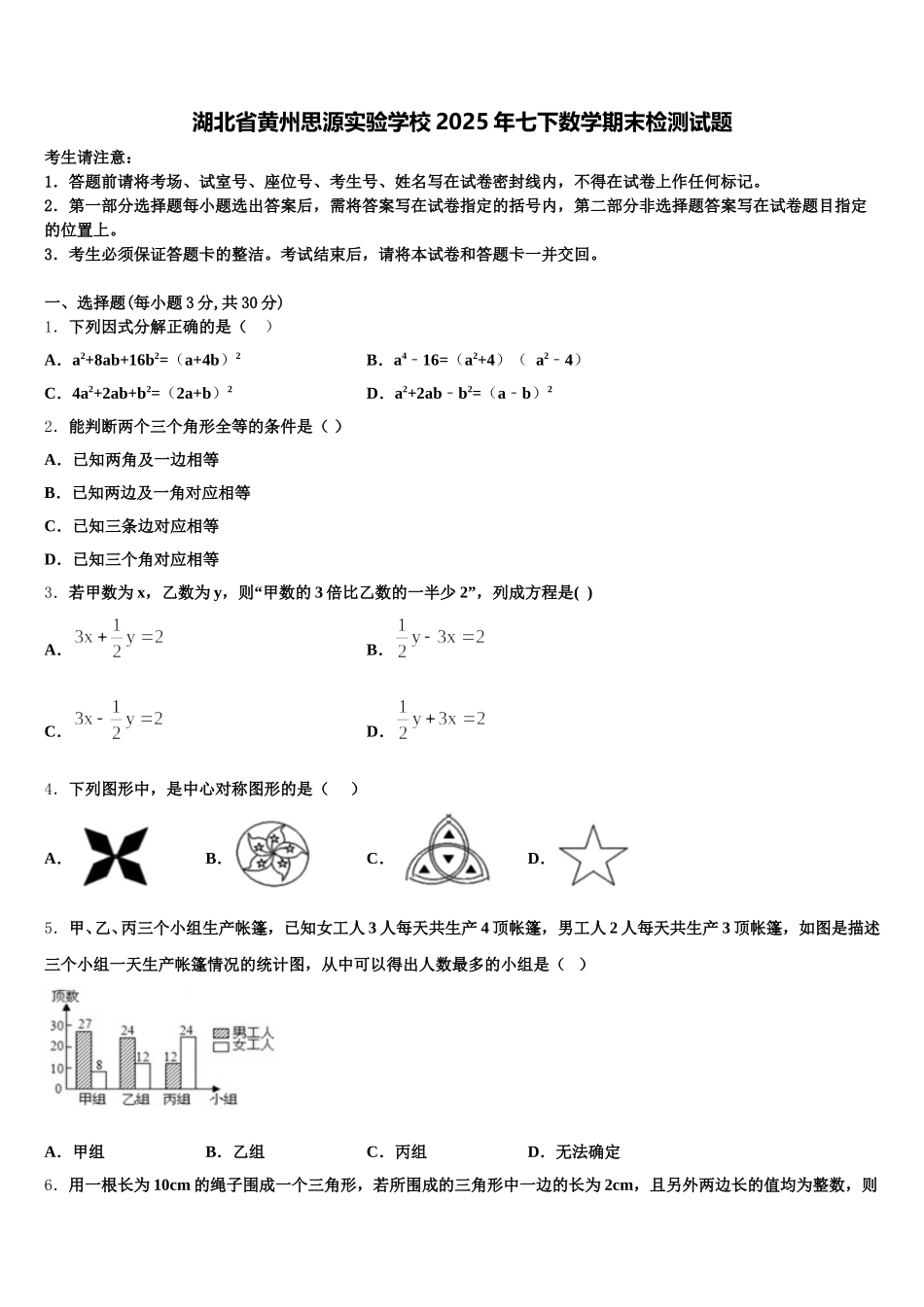 湖北省黄州思源实验学校2025年七下数学期末检测试题含解析_第1页
