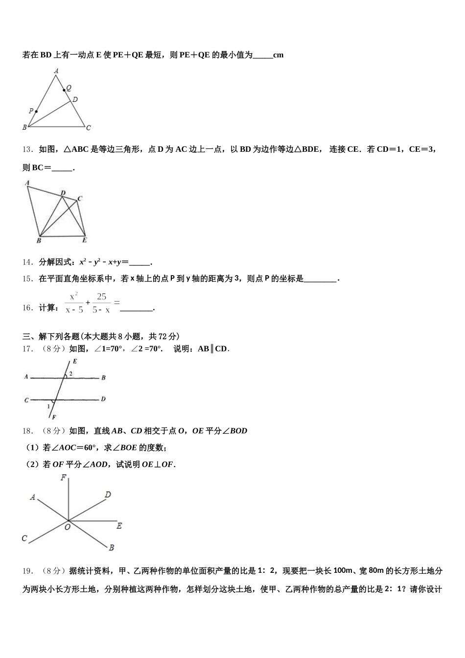 湖北省武汉市东湖高新区2024-2025学年数学七下期末达标检测模拟试题含解析_第3页