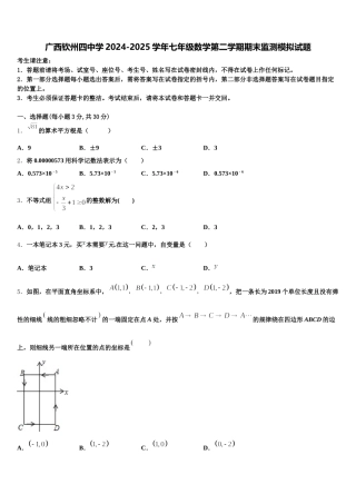 广西钦州四中学2024-2025学年七年级数学第二学期期末监测模拟试题含解析