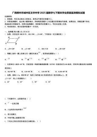 广西柳州市城中区文华中学2025届数学七下期末学业质量监测模拟试题含解析