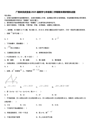 广西来宾武宣县2025届数学七年级第二学期期末调研模拟试题含解析