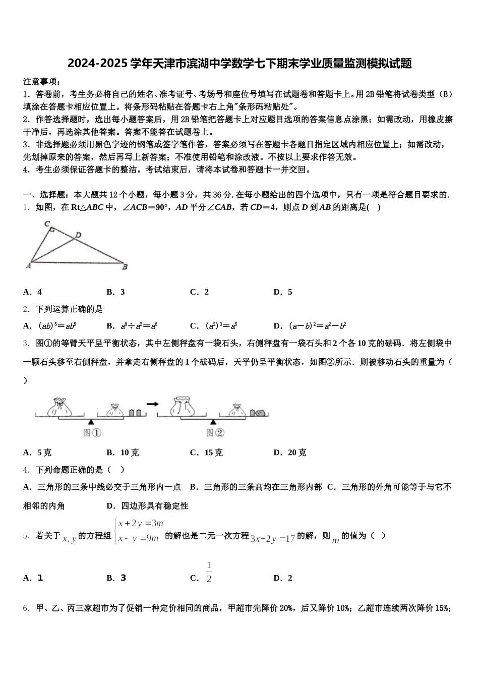 2024-2025学年天津市滨湖中学数学七下期末学业质量监测模拟试题含解析_第1页