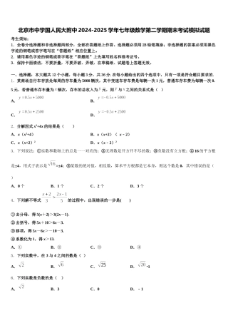 北京市中学国人民大附中2024-2025学年七年级数学第二学期期末考试模拟试题含解析