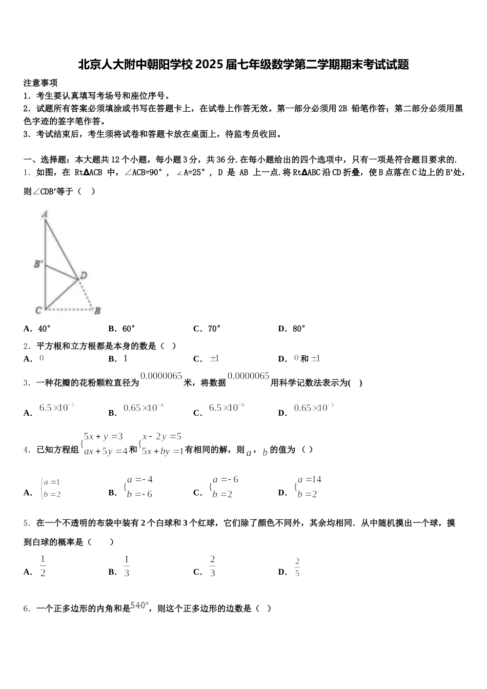 北京人大附中朝阳学校2025届七年级数学第二学期期末考试试题含解析_第1页