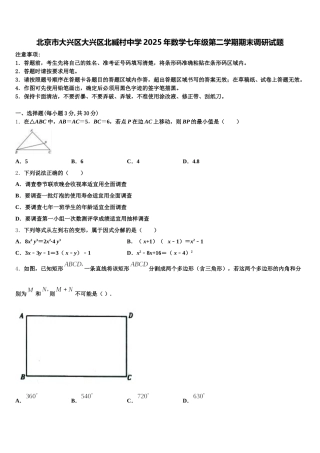 北京市大兴区大兴区北臧村中学2025年数学七年级第二学期期末调研试题含解析