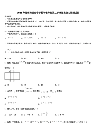 2025年福州市重点中学数学七年级第二学期期末复习检测试题含解析
