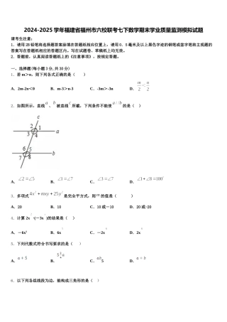 2024-2025学年福建省福州市六校联考七下数学期末学业质量监测模拟试题含解析