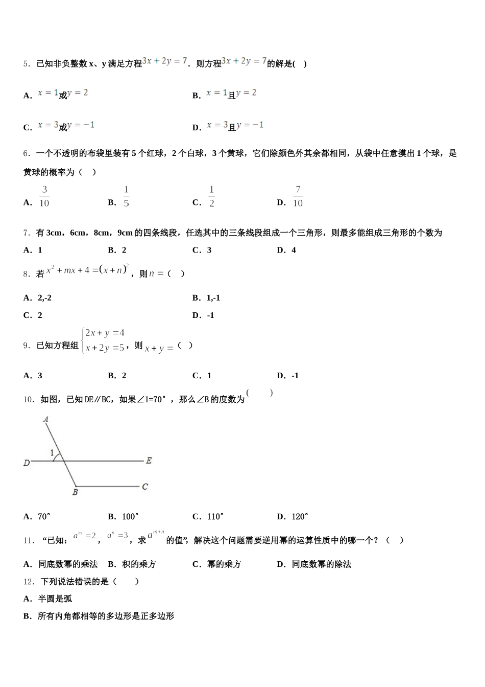 吉林省白城市名校2024-2025学年数学七下期末质量跟踪监视试题含解析_第2页