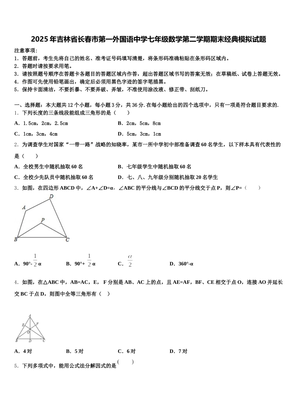 2025年吉林省长春市第一外国语中学七年级数学第二学期期末经典模拟试题含解析_第1页