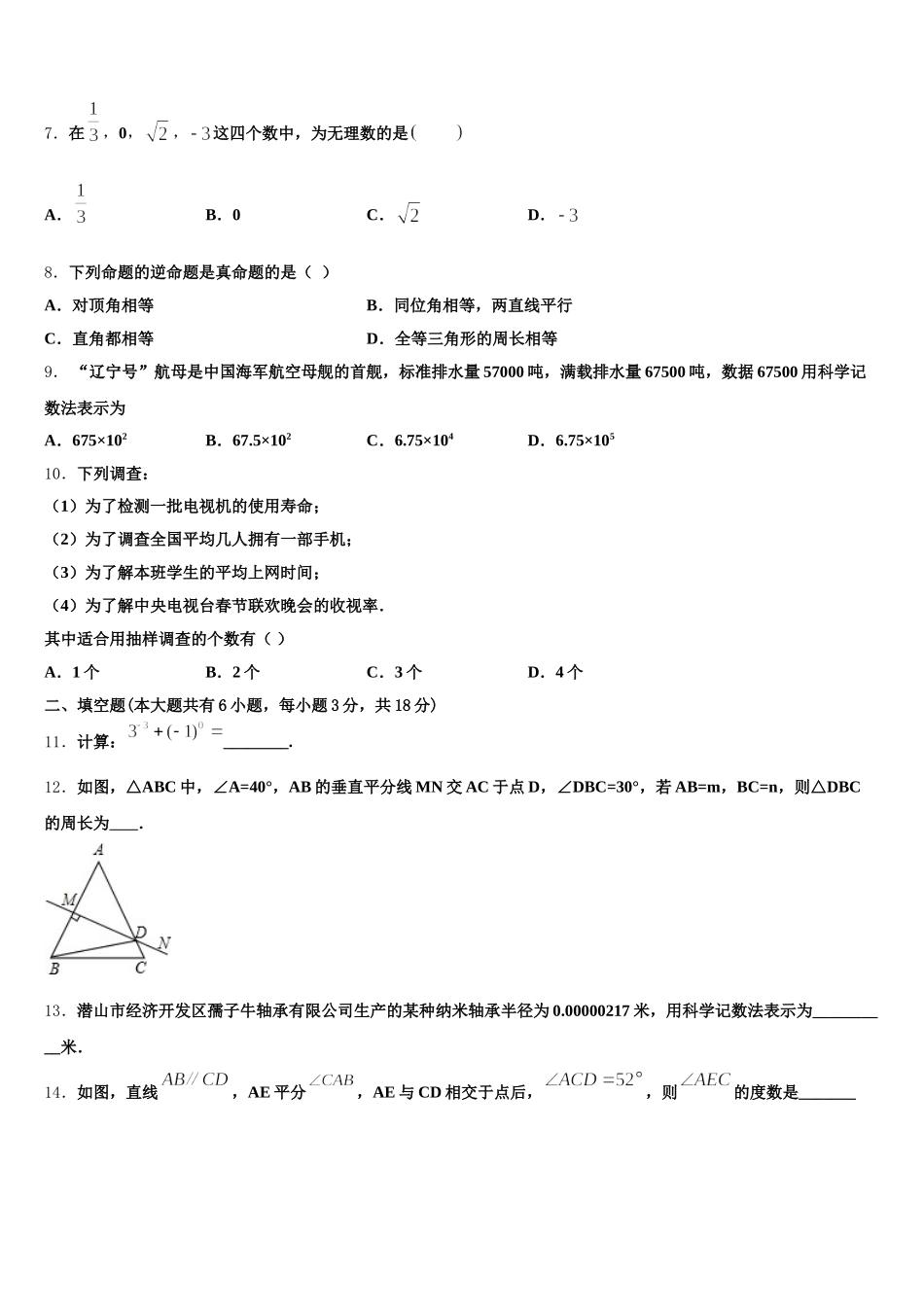 吉林省农安县新阳中学2024-2025学年七下数学期末统考模拟试题含解析_第2页