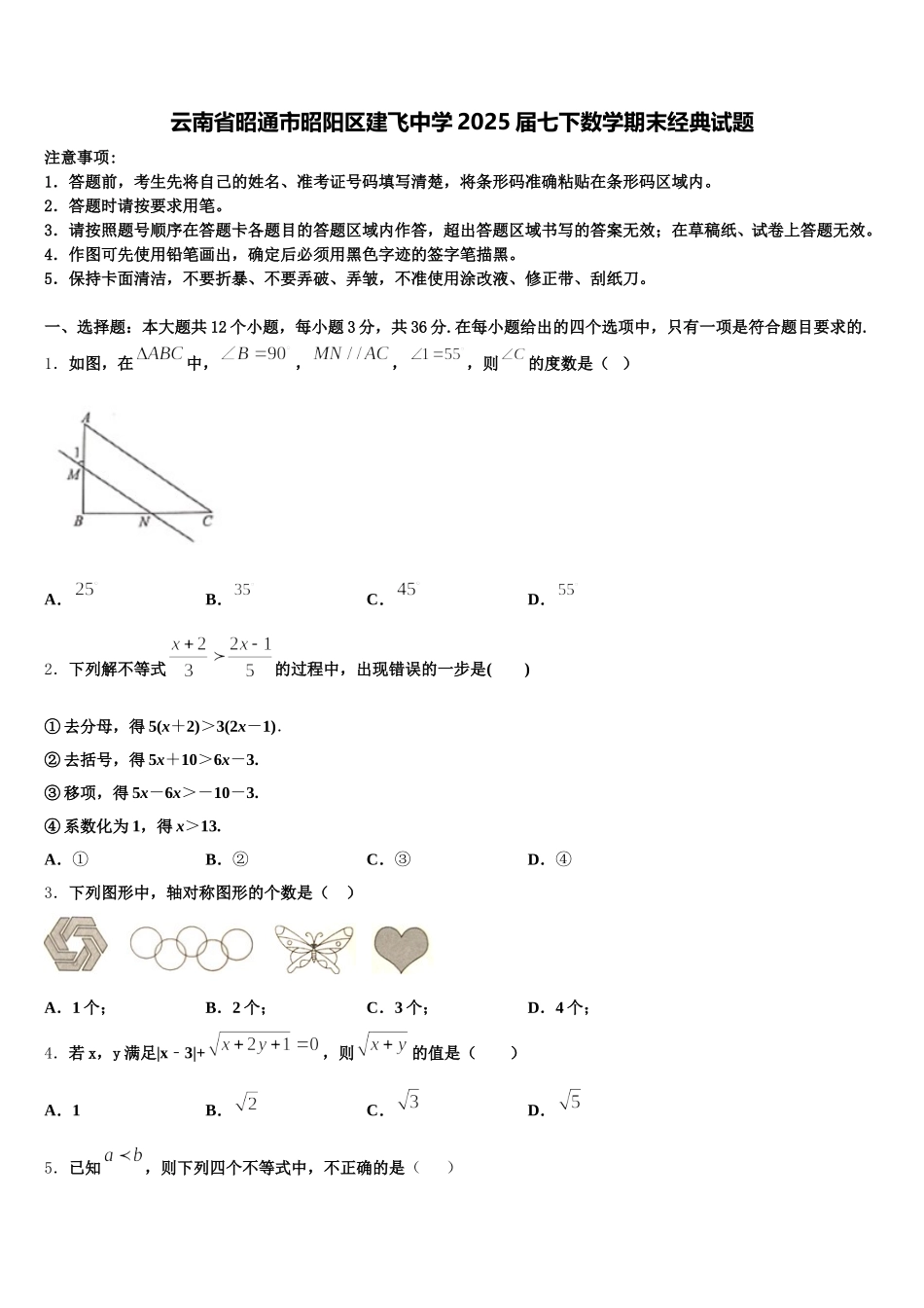云南省昭通市昭阳区建飞中学2025届七下数学期末经典试题含解析_第1页