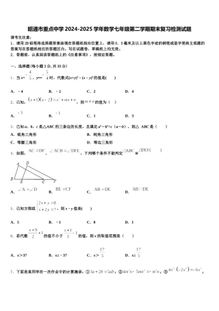 昭通市重点中学2024-2025学年数学七年级第二学期期末复习检测试题含解析