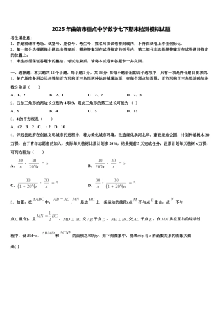 2025年曲靖市重点中学数学七下期末检测模拟试题含解析