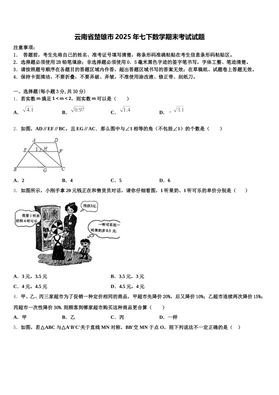 云南省楚雄市2025年七下数学期末考试试题含解析_第1页