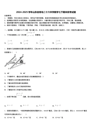 2024-2025学年山东省青岛二十六中学数学七下期末统考试题含解析