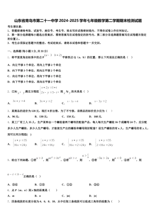 山东省青岛市第二十一中学2024-2025学年七年级数学第二学期期末检测试题含解析