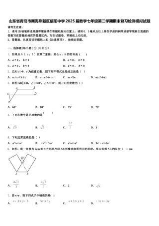 山东省青岛市新海岸新区信阳中学2025届数学七年级第二学期期末复习检测模拟试题含解析