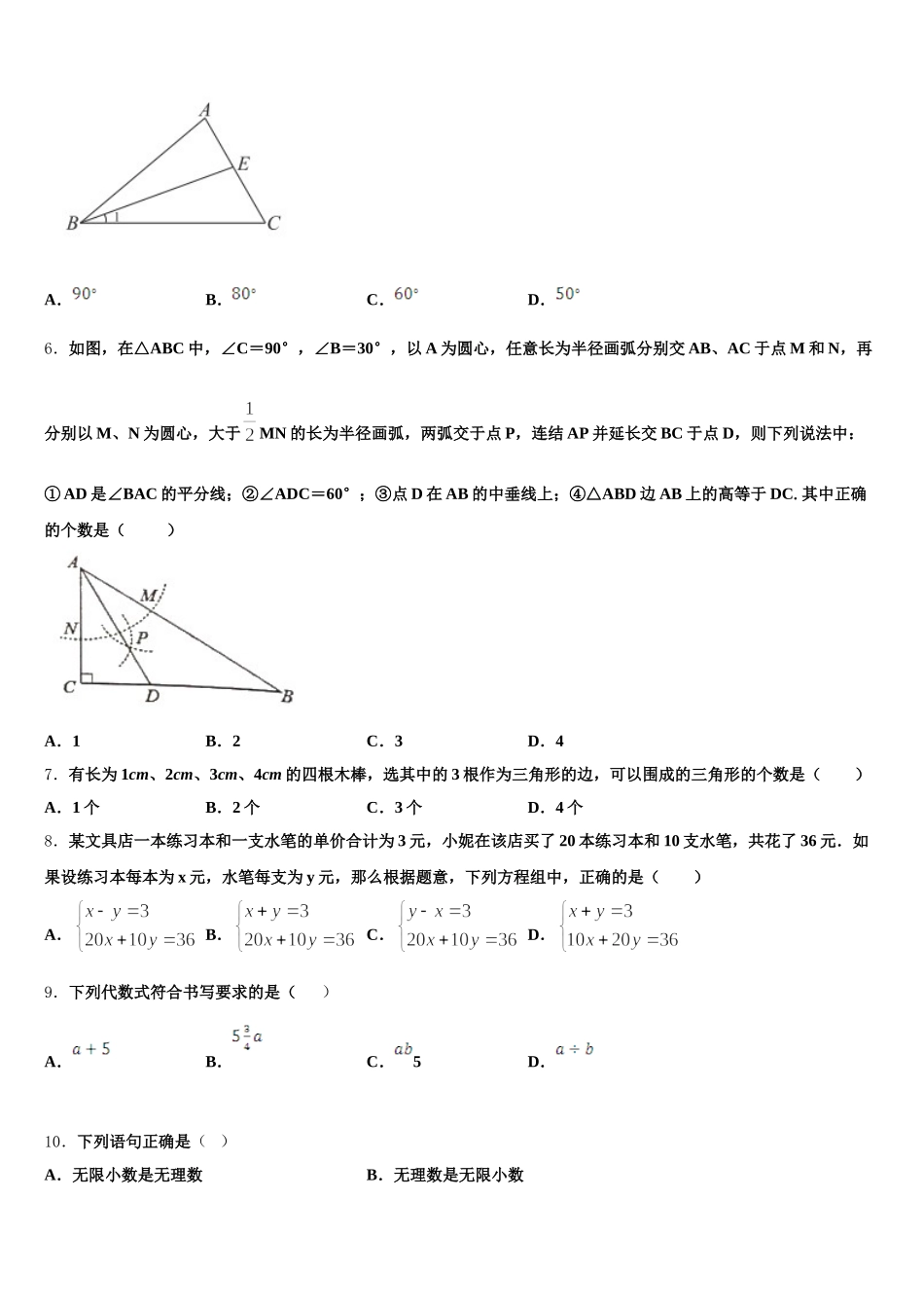 山东省滨州市邹平双语学校2025届七下数学期末统考模拟试题含解析_第2页