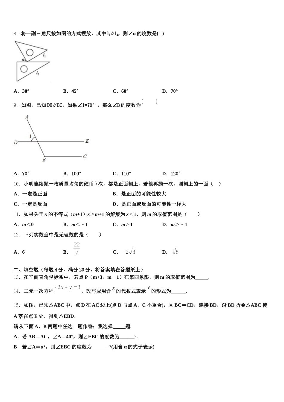 山东省寿光市纪台镇第二初级中学2024-2025学年数学七下期末复习检测试题含解析_第2页