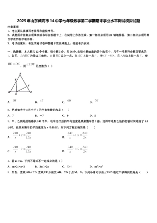 2025年山东威海市14中学七年级数学第二学期期末学业水平测试模拟试题含解析