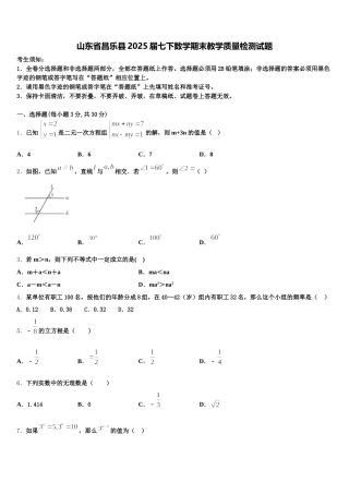 山东省昌乐县2025届七下数学期末教学质量检测试题含解析