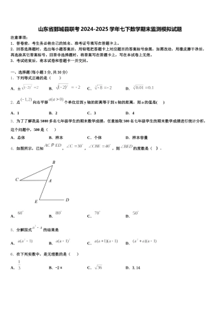 山东省鄄城县联考2024-2025学年七下数学期末监测模拟试题含解析