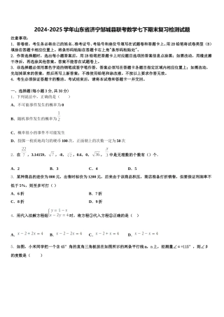2024-2025学年山东省济宁邹城县联考数学七下期末复习检测试题含解析