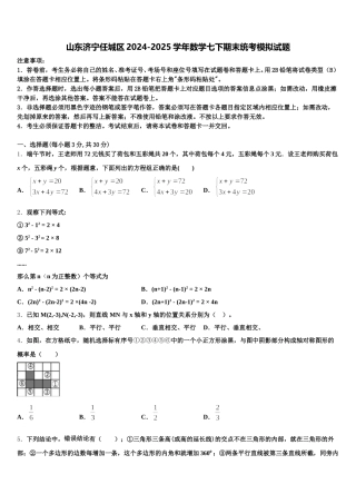 山东济宁任城区2024-2025学年数学七下期末统考模拟试题含解析