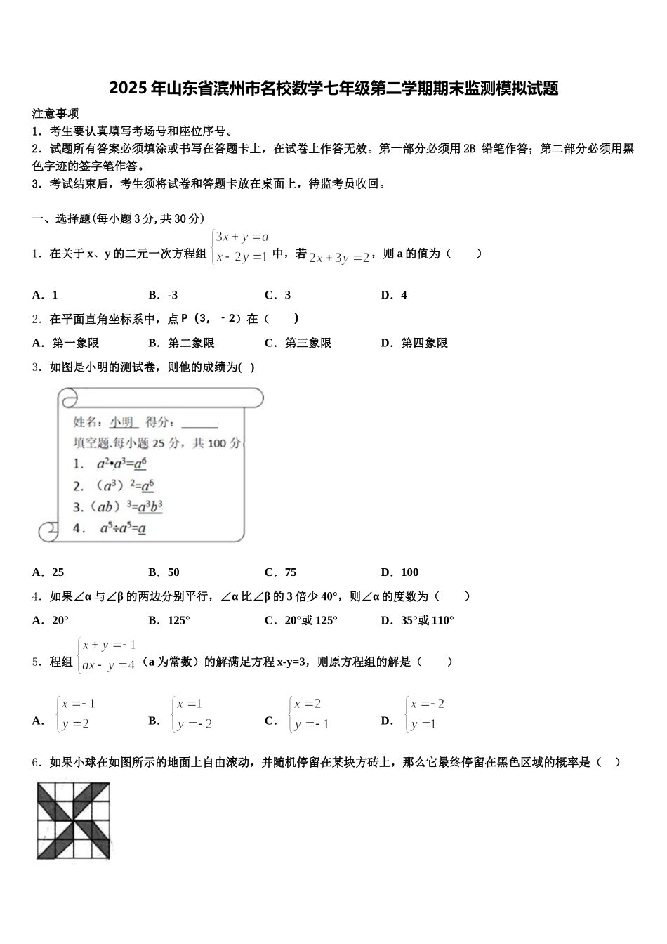 2025年山东省滨州市名校数学七年级第二学期期末监测模拟试题含解析_第1页