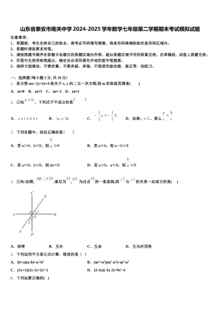 山东省泰安市南关中学2024-2025学年数学七年级第二学期期末考试模拟试题含解析