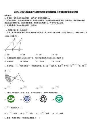 2024-2025学年山东省莱芜市陈毅中学数学七下期末联考模拟试题含解析