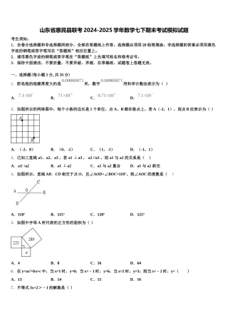 山东省惠民县联考2024-2025学年数学七下期末考试模拟试题含解析