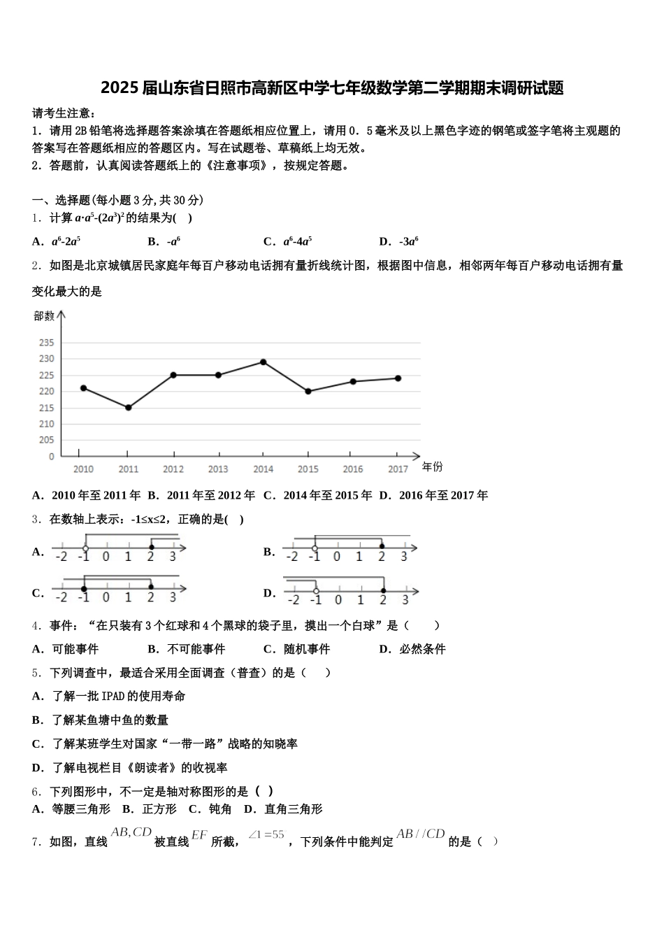 2025届山东省日照市高新区中学七年级数学第二学期期末调研试题含解析_第1页