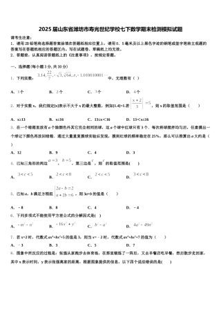2025届山东省潍坊市寿光世纪学校七下数学期末检测模拟试题含解析